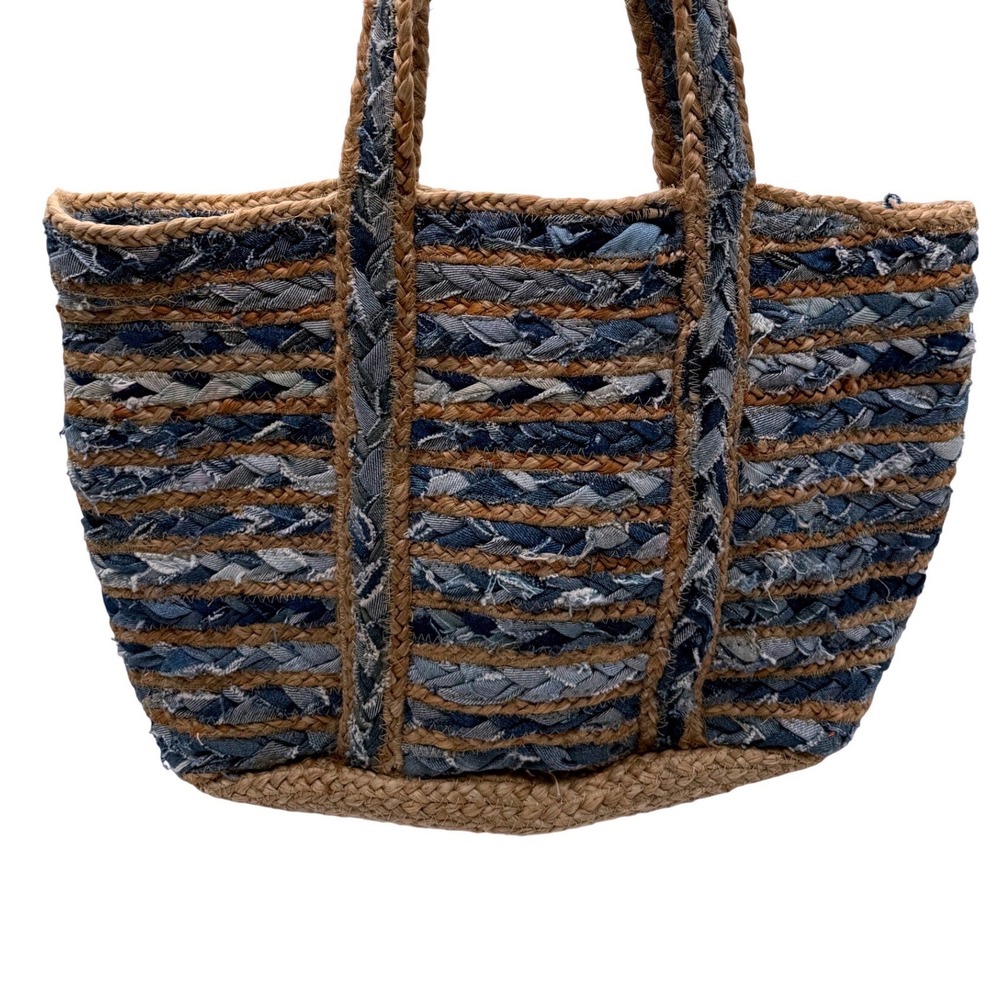 America & Beyond Braided Denim and Jute Tote Bag Blue Tan Boho Shoulder Bag